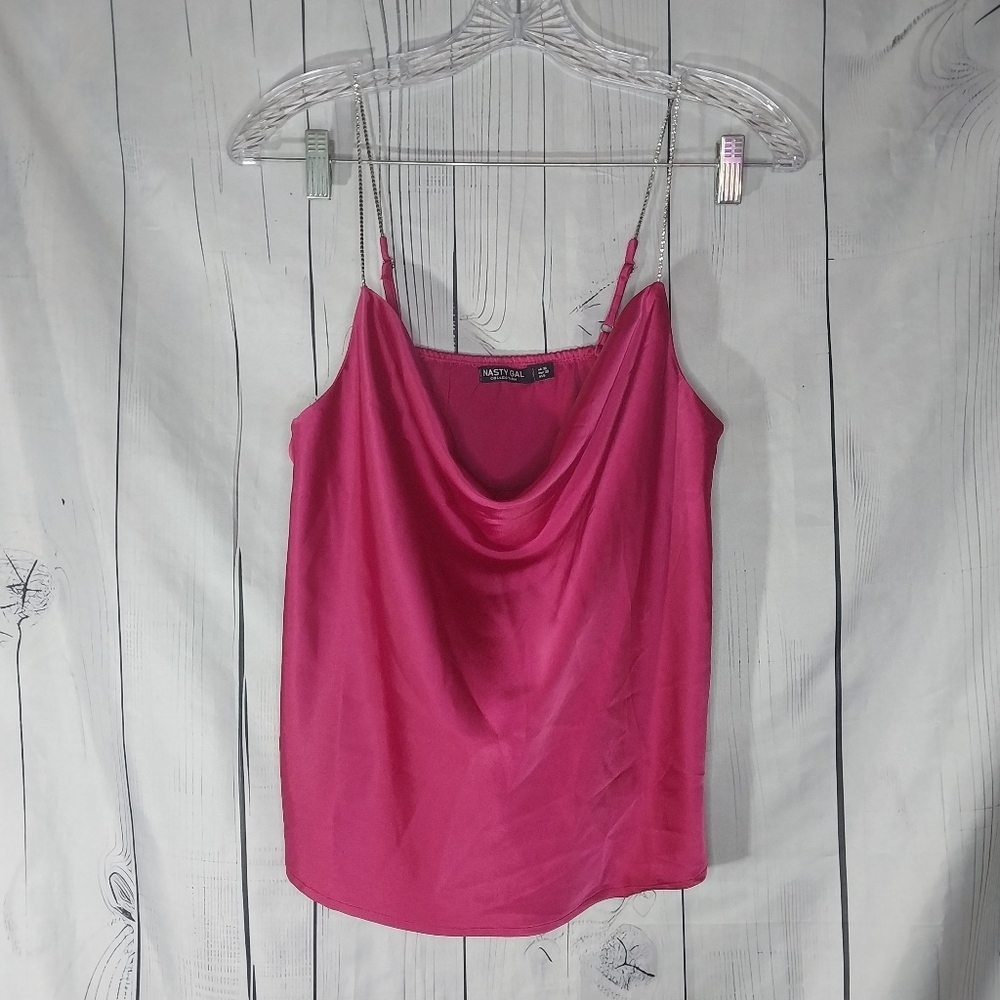 Nasty Gal Fuchsia Satin Cowl Neck Indie Sleeze Camisole With Rhinestone Strap